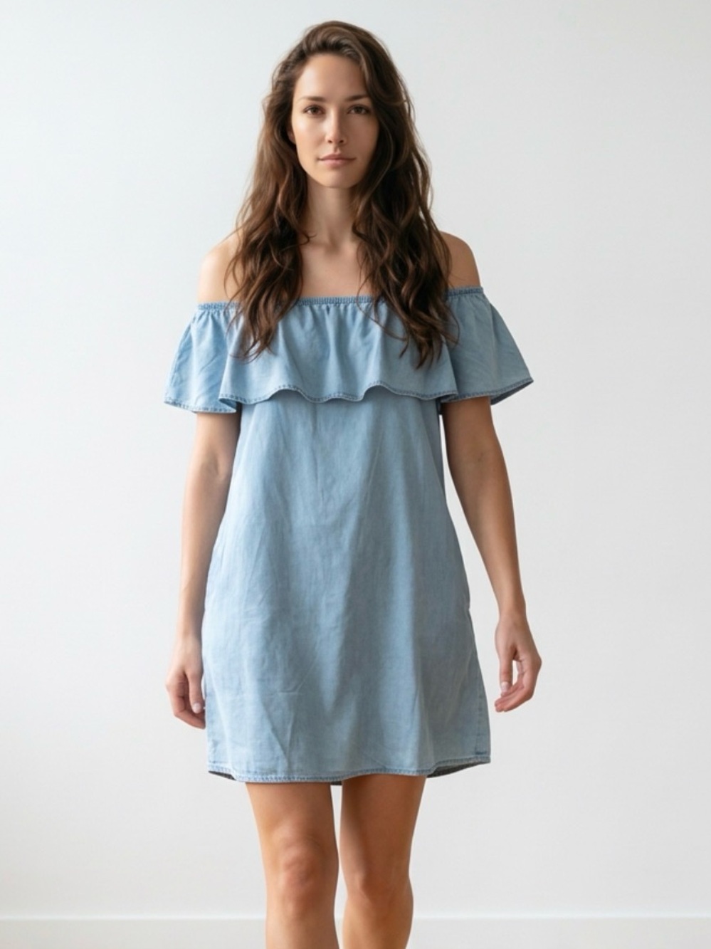 Off-Shoulder Light Blue Denim Mini Dress